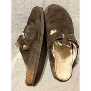 Birkenstock Size 39 L8M6 Boston Shearling Gray Leather Wool Clogs Mules Slip Ons